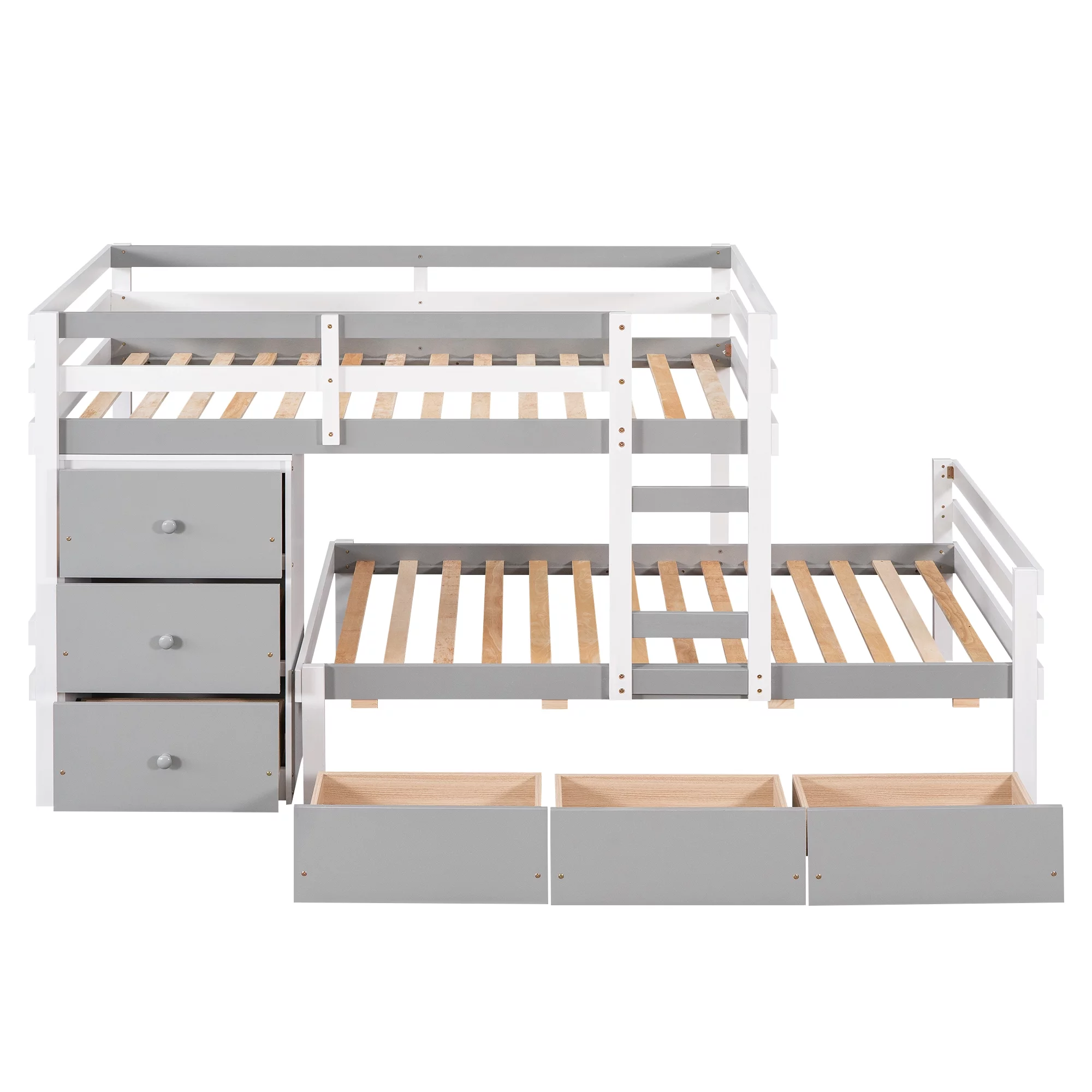 Euroco Twin over Twin Bunk Bed with Six Drawers for Kids Room, Gray