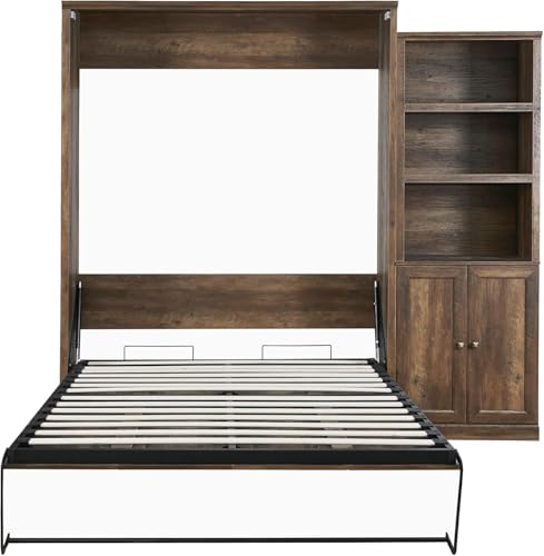 MERITLINE Queen Size Murphy Bed with Storage Bookcase Shelves,Cabinet and Charging Station,Wood Folding White Murphy Wall Bed