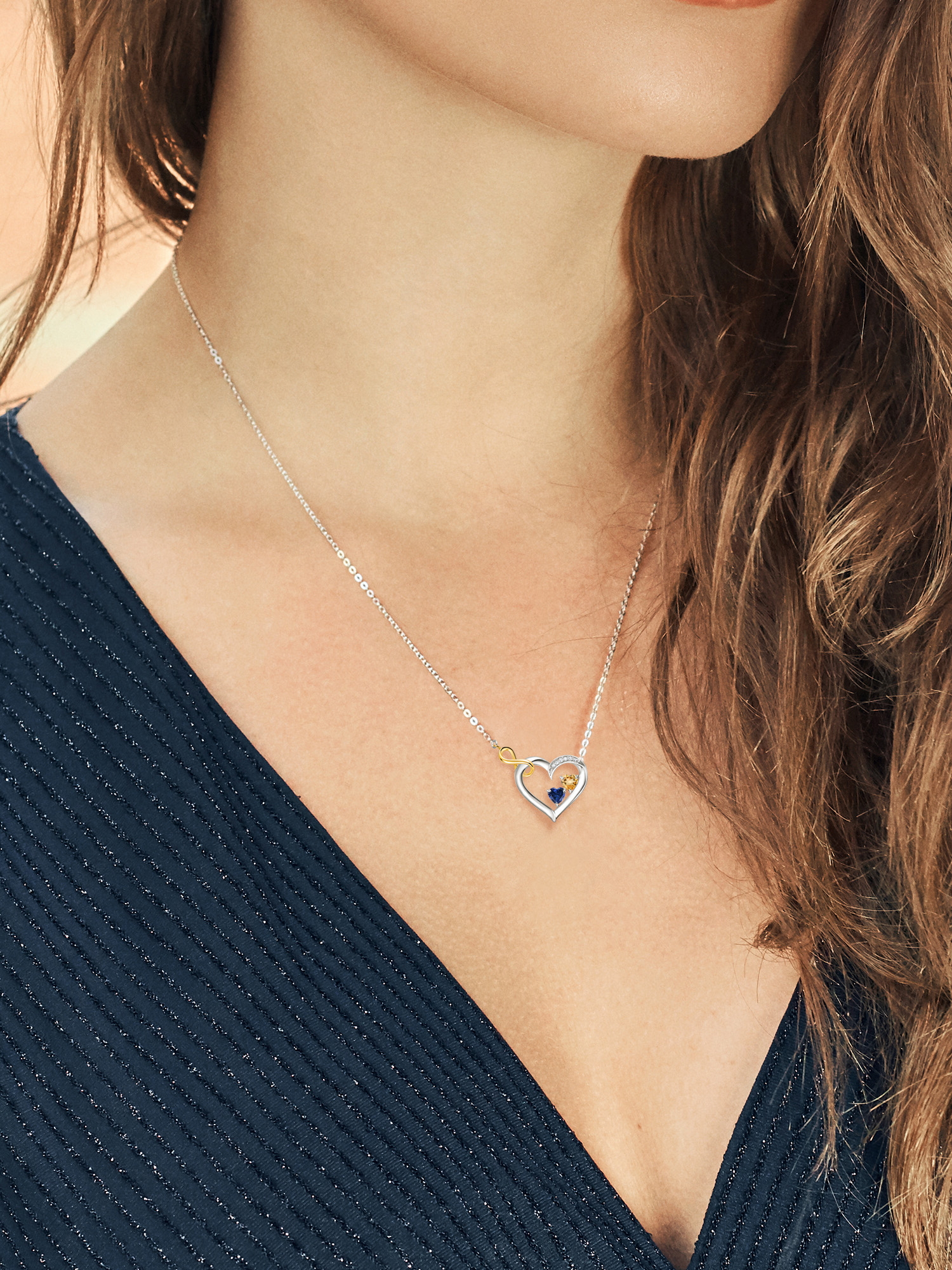 925 Sterling Silver and 10K Yellow Gold Yellow Citrine Blue Created Sapphire and White Lab Grown Diamond Infinity Heart Pendant Necklace For Women