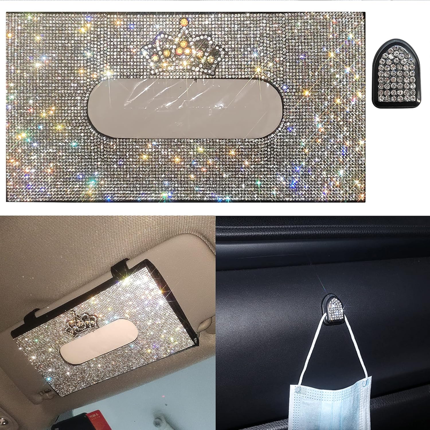Lady Crystal Glitter Sparkly Car Visor Mask Holder Red Queen Crown Tissue Box Holder for Sun Visor Napkin Holder Paper Towel Cover Case with Bling