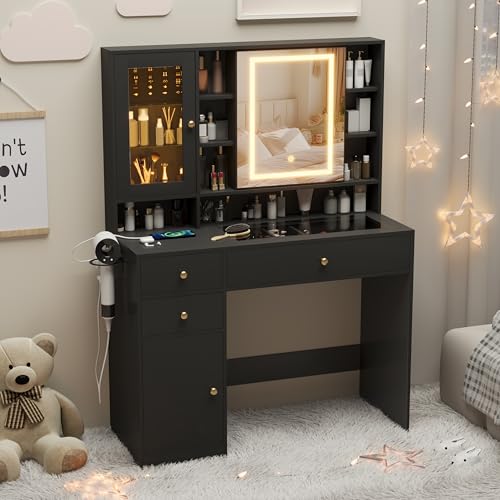 Makeup Vanity Desk with Mirror and Lights, White Vanity with Glass Top, LED Lights & Power Outlet, 3 Drawers & 2 RGB Glass Cabinets