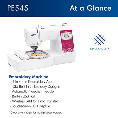 Brother PE545 Embroidery Machine, Wireless LAN Connected, 135 Built-in Designs, 4" x 4" Hoop Area, Large 3.7" LCD Touchscreen, USB Port