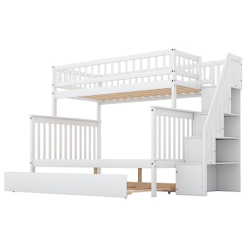 Harper & Bright Designs Bunk Beds Twin Over Full Size, Bunk Bed with Trundle,Storage Shelf and Stairway