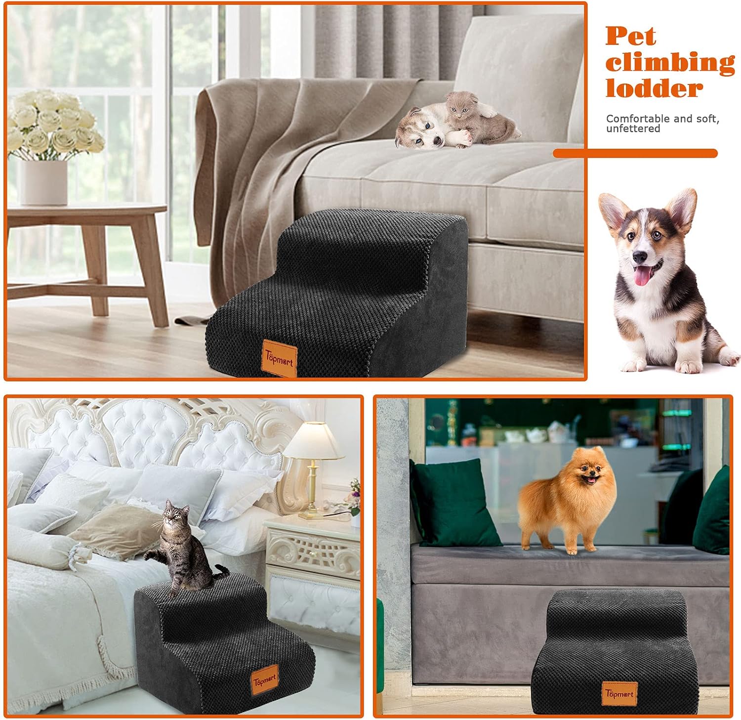 Topmart High Density Foam Pet Steps 2 Tiers,11.8 High,Non-Slip Dog Stairs,Dog Ramp,Soft Foam Dog Ladder,Best for Dogs Injured,Older Cats