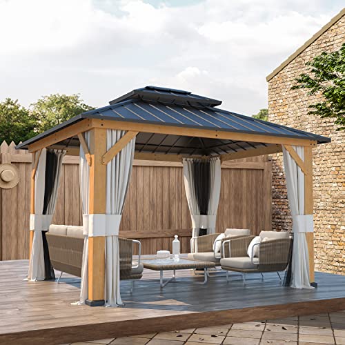 EROMMY 12'x20' Hardtop Gazebo Double Roof Galvanized Steel Canopy Outdoor Aluminum Frame Permanent Metal Pavilion with Netting and Curtains for Patio