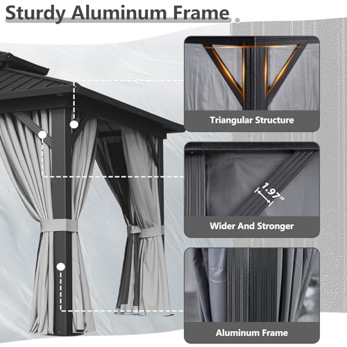 Aoxun 10' X 12' Hardtop Gazebo, Aluminum Metal Outdoor Gazebo with Galvanized Steel Double Roof