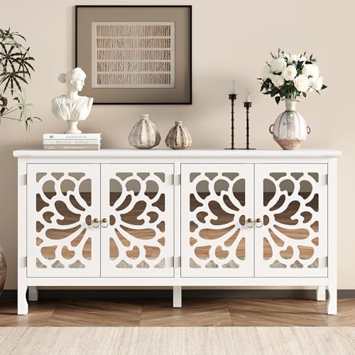 RoyalCraft Buffet Cabinet with Mirror Butterfly Carved Door, 63'' Sideboard Cabinet with Adjustable Shelves
