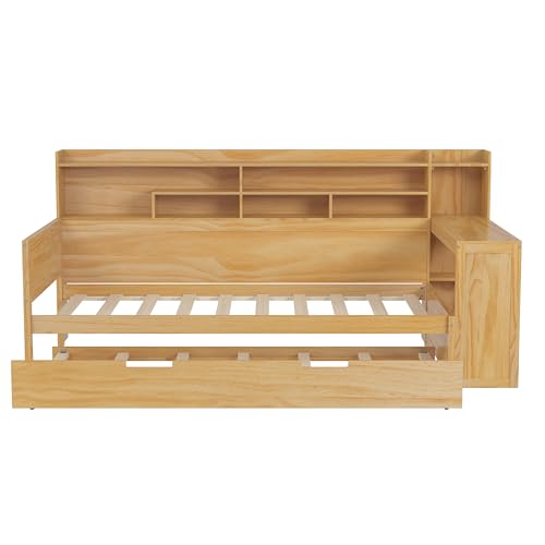 Corner Twin Bed Frame with Bookcase Storage and Desk, Wood Day Beds with 2 Drawers, Twin Size Daybed with Storage for Living Room