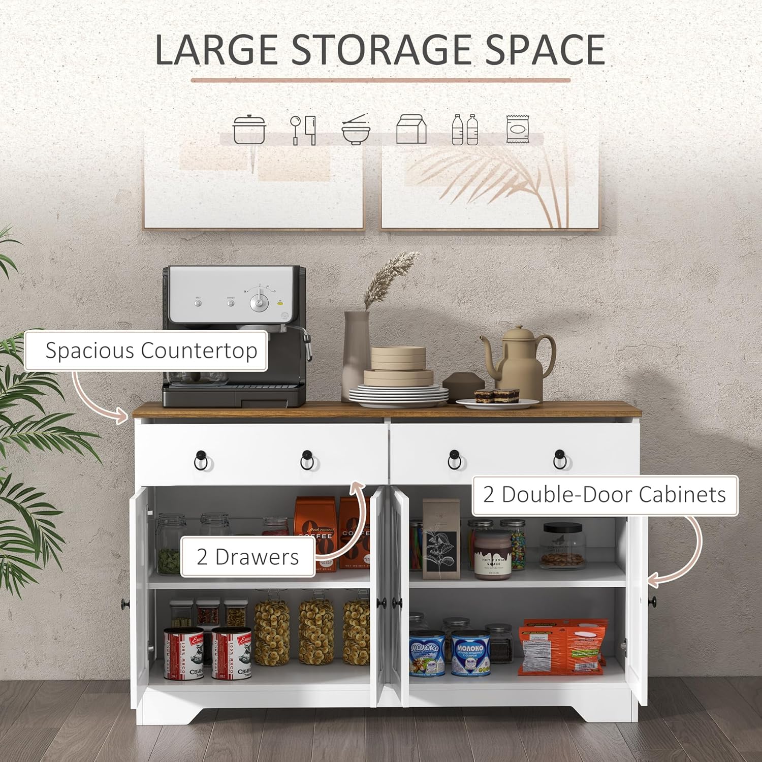 HOMCOM Sideboard Buffet Cabinet with Storage, 48" Kitchen Storage Cabinet with 2 Drawers and 4 Barn Doors, Farmhouse Coffee Bar Cabinet