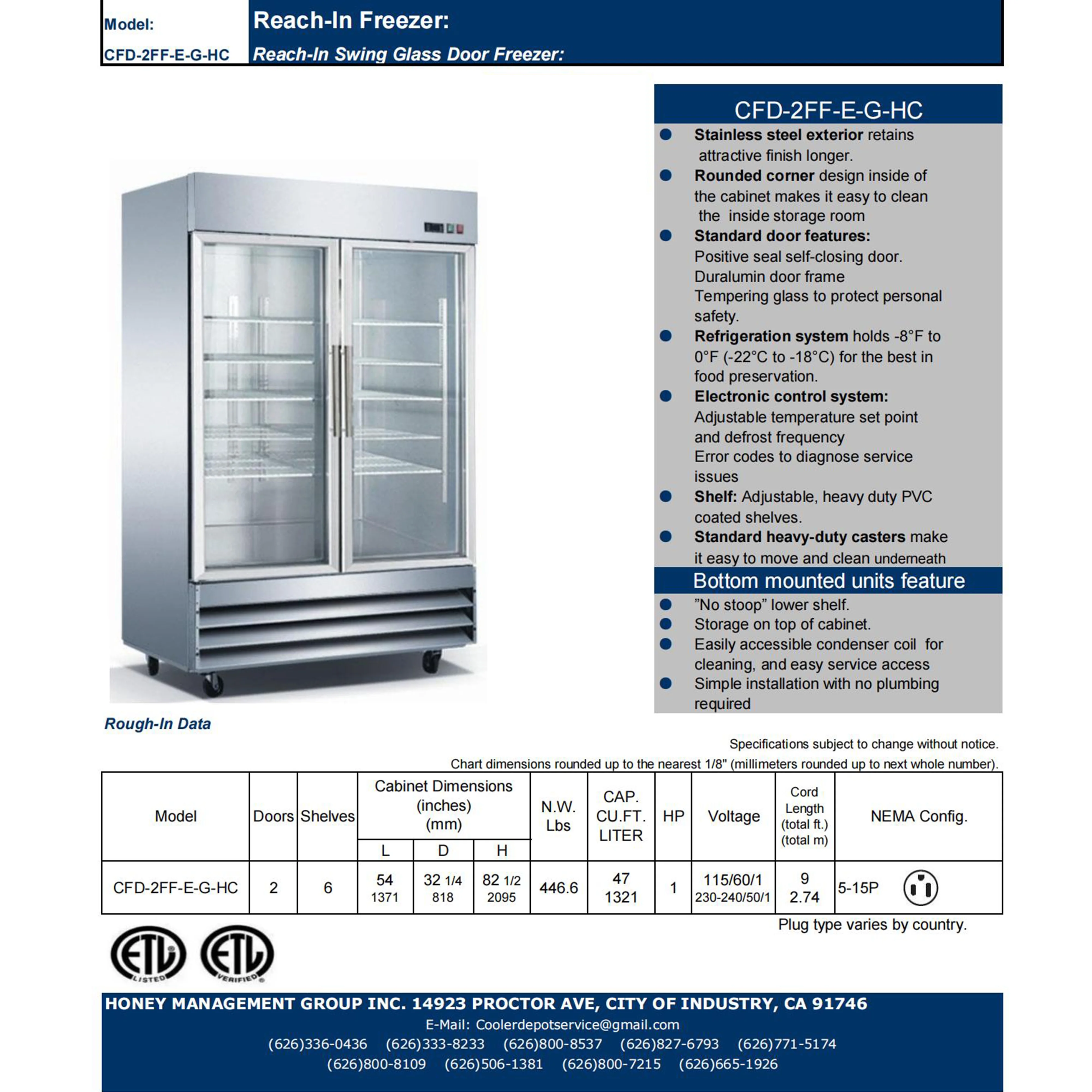 54 in. Two Glass Swing Door Stainless Steel Upright Reach-In Commercial Freezer 47 Cu. ft.