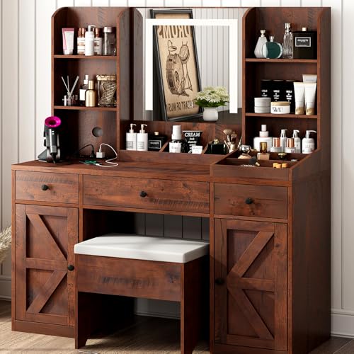 Farmhouse Vanity Desk w/Outlet & Stool, 11 Storage Shelves 3 Drawers 2 Big Cabinets, 43" White Vanity Table Make up Desk w/Mirror and Lights