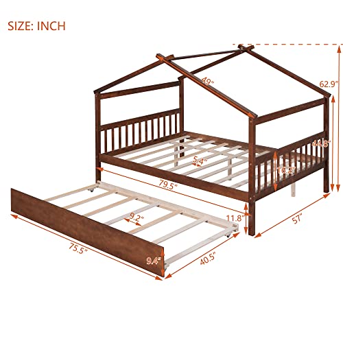 Full Size House Bed for Kids, Montessori Bed Full Size Platform Bed Frame with 2 Drawers, Headboard and Footboard