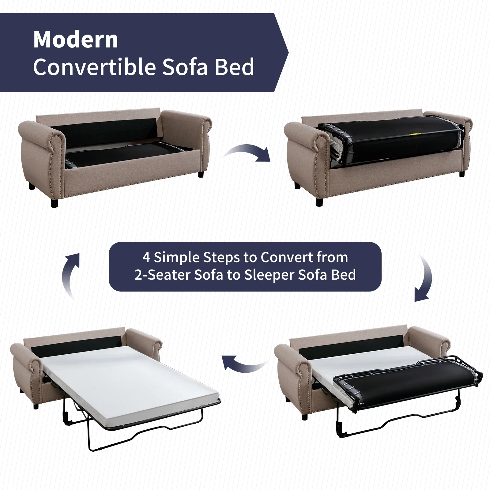 ZAFLY 2-in-1 Queen Size Pull Out Sofa Bed | Convertible Loveseat with Mattress | Sleeper Sofa Couch for Living Room/Apartment, Beige