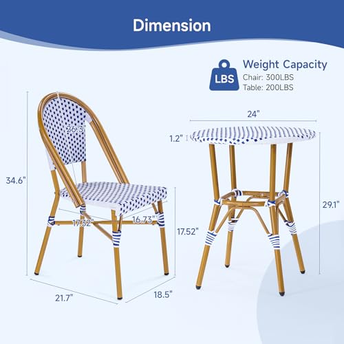 3 Piece Patio Bistro Set, French Wicker Outdoor Bistro Set with Round Table and 2 Dining Chairs, ‎Aluminum Furniture