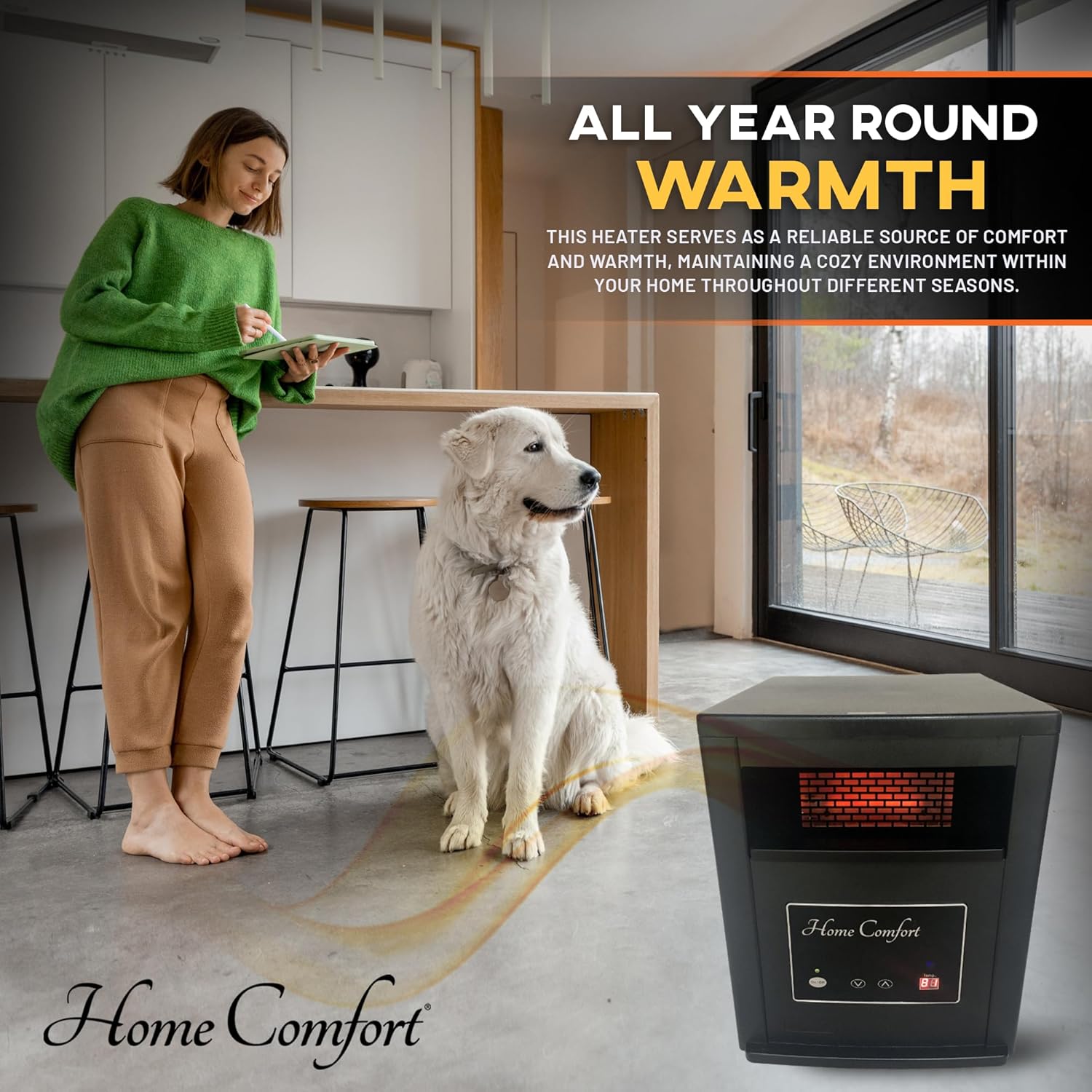 Home Comfort 1500w Infrared Heater - Energy Efficient Space Heater for Year-Round Indoor Warmth, With Thermostat and Remote Control