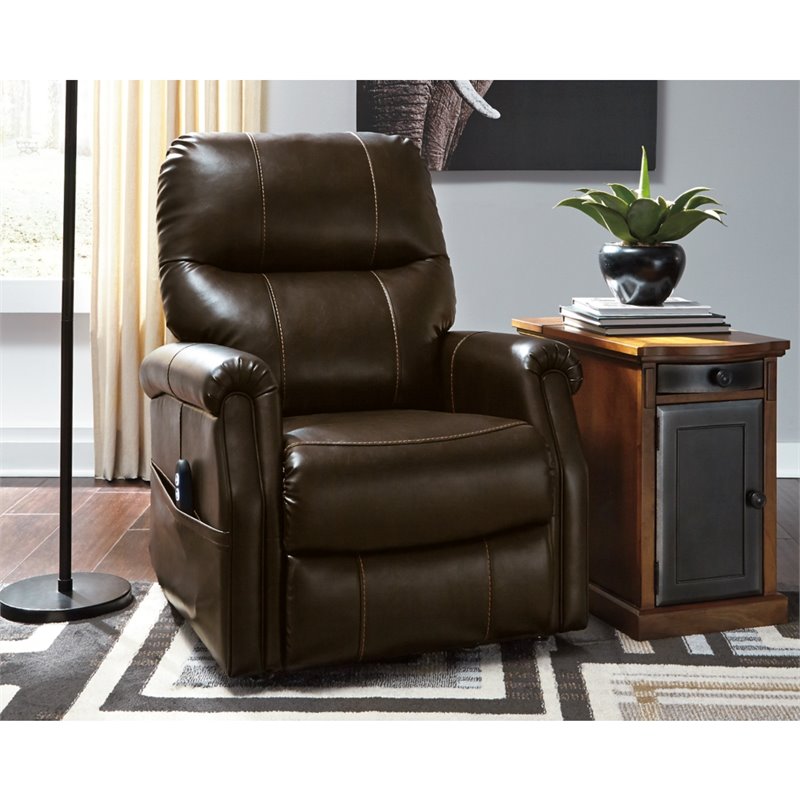Signature Design by Ashley Markridge Faux Leather Upholstered Power Lift Recliner with Adjustable Positions and Side Storage, Brown
