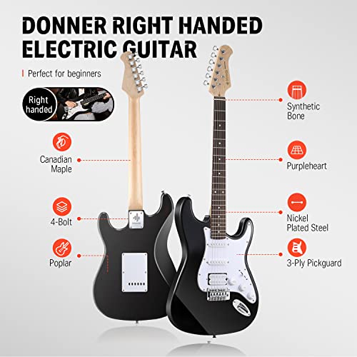 Donner DST-100B 39 Inch Electric Guitar Beginner Kit Solid Body Full Size Black HSS for Starter, with Amplifier, Bag, Digital Tuner, Capo, Strap