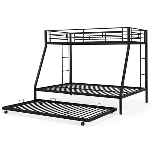 KOMFOTT Twin Over Full Bunk Bed with Trundle, Heavy-Duty Metal Bunk Bed Frame with Guardrail & 2 Ladders, Space-Saving Bunk Bed for Kids/Teens/Adults