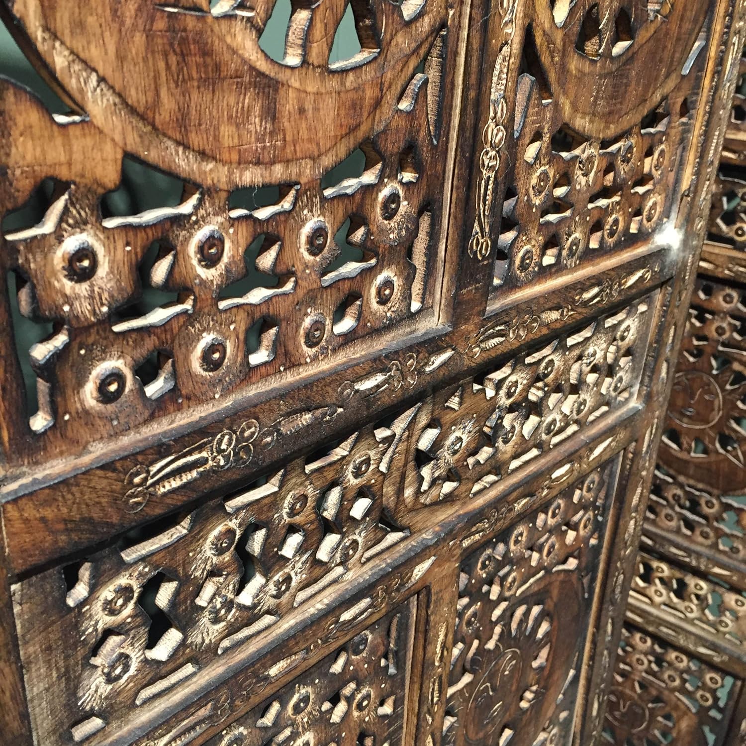 Global Chic Sun, Moon and Star 4 Panel Screen Room Divider of Hand Carved Sustainable Mango Wood