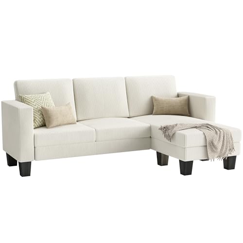 YESHOMY L-Shaped Convertible Sectional Sofa 3 Seater with Corduroy Fabric, Complete with Mobile Footrest, for Living Room, Apartment and Office, 70"