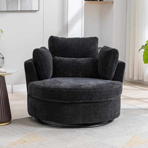 Aoiy & Wifon 42.2" W Oversized Swivel Barrel Chair with Ottoman, Upholstered Round Accent Chair with Storage Ottoman, Chenille, Beige