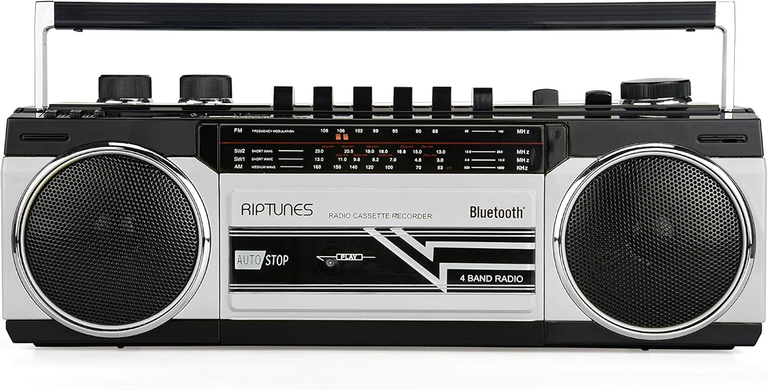Riptunes Cassette Boombox, Retro Blueooth Boombox, Cassette Player and Recorder, AM/FM/ SW-1-SW2 Radio-4-Band Radio, USB, SD, Silver Pack of 2
