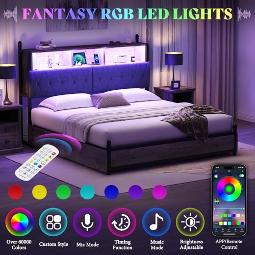 AMERLIFE Full Size Bed Frame with Bookcase Headboard, 4 Storage Drawers, Wooden Platform Bed with Charging Station & LED Light, No Box Spring Needed