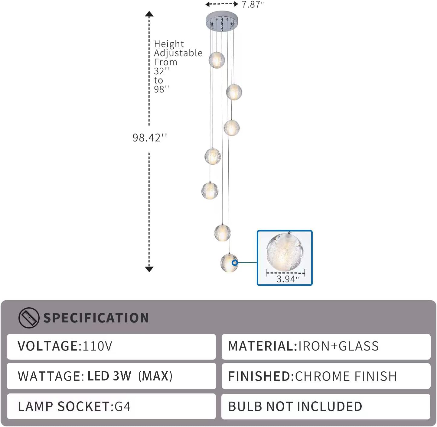 Modern Crystal Chandelier High Ceiling Long Raindrop Ceiling Light 7-Lights Large Foyer Chandelier for Staircase Living Room Entryway G4 Bulb H98.4 x