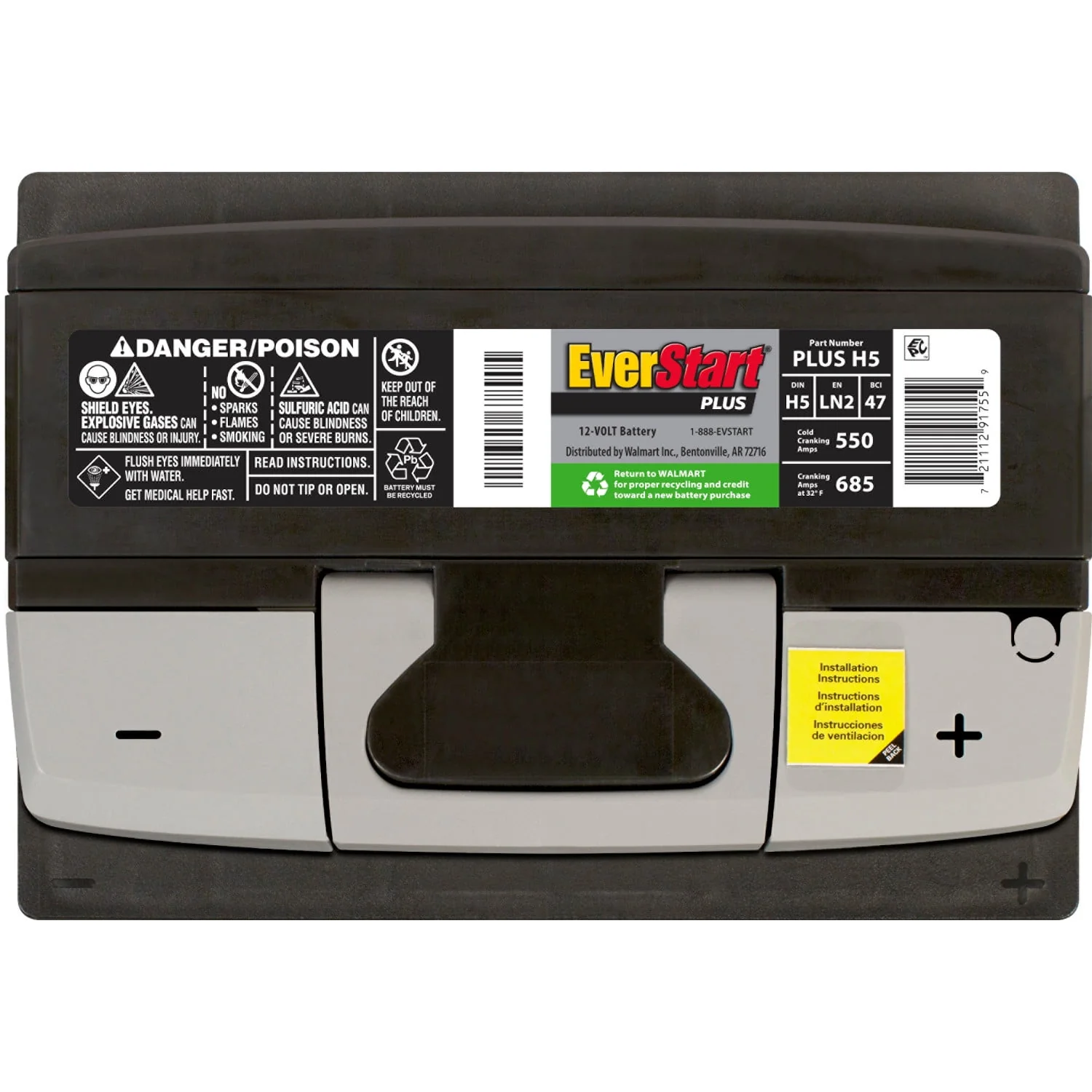 EverStart Plus Lead Acid Automotive Battery, Group Size H5 / LN2 / 47 12 Volt, 550 CCA