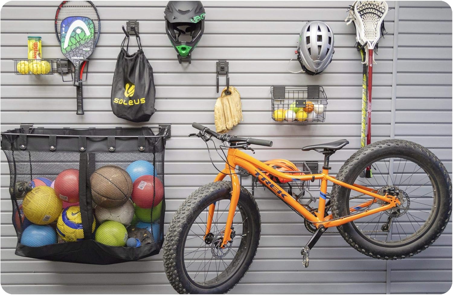 HandiWall Sports Accessory Kit with Locking Bracket Hooks for Slatwall Panel Organization
