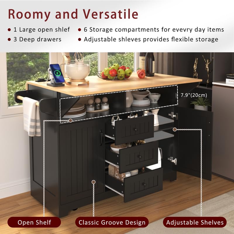 55.7'' Large Kitchen Island with 2 Drop Leaf, Rolling Kitchen Cart on 5 Wheels with Power Outlet