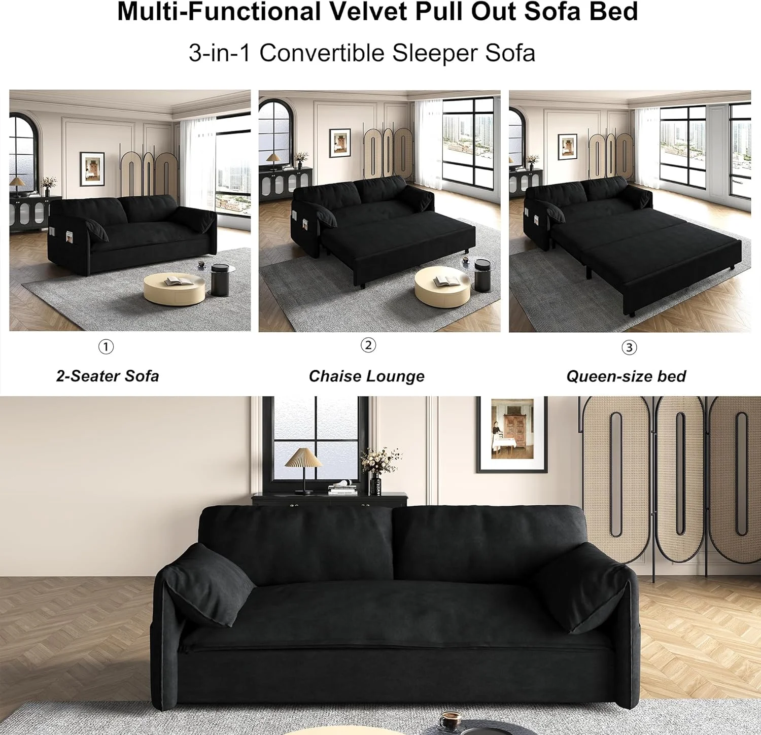 Tabaray 63.8" Futon Sofa Bed Queen Size, Pull Out Bed, 3-in-1 Convertible Sleeper Sofa with Side Pocket, Modern Velvet Futon Couch for Living Room