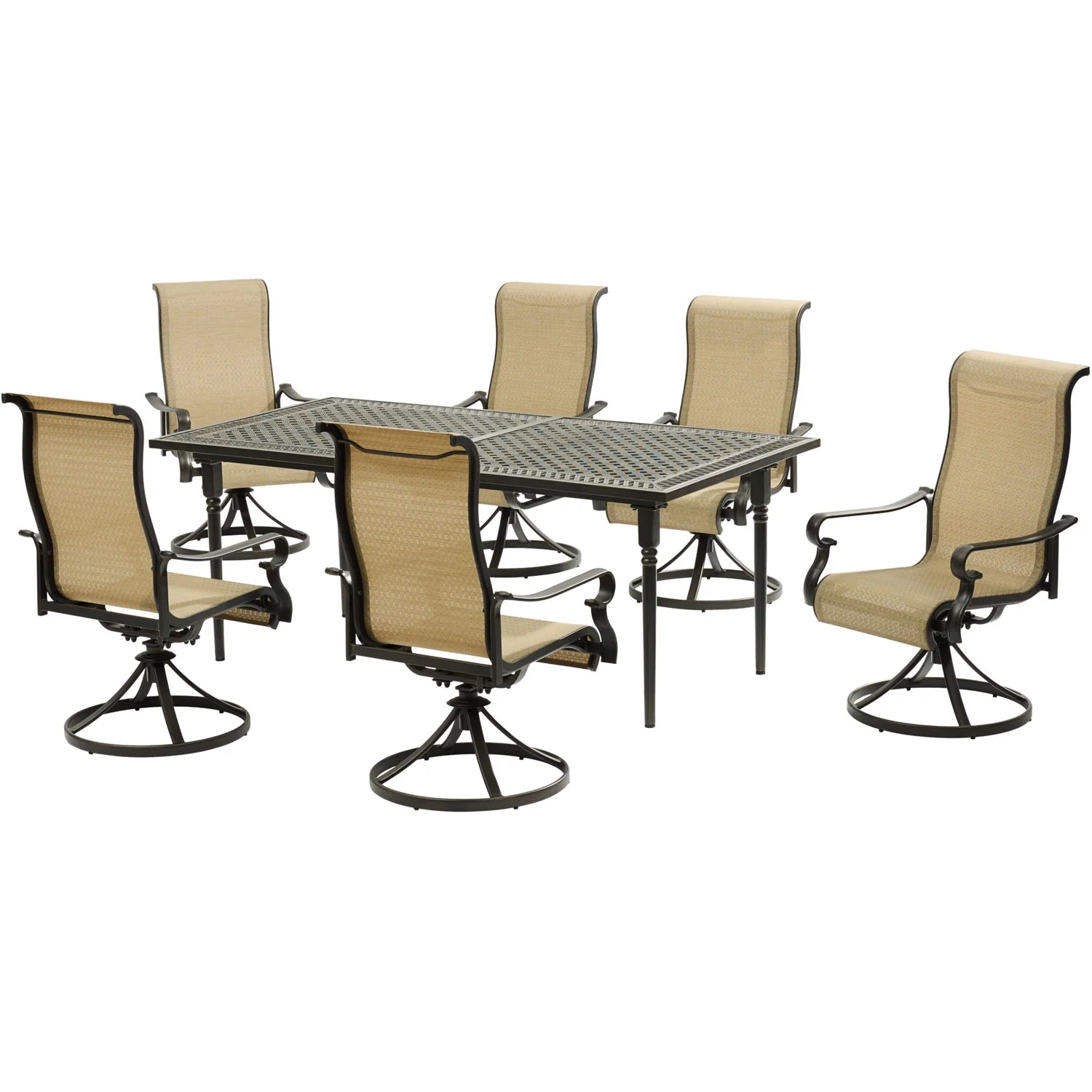 Hanover Brigantine 7-Piece Dining Set with an Expandable Cast-Top Dining Table and 6 Sling Swivel Rockers