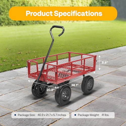 VIVOHOME Heavy Duty 880 Lbs Capacity Mesh Steel Garden Cart Folding Utility Wagon with Removable Sides and 4.10/3.50-4" Wheels 10 inch Tire (Black)