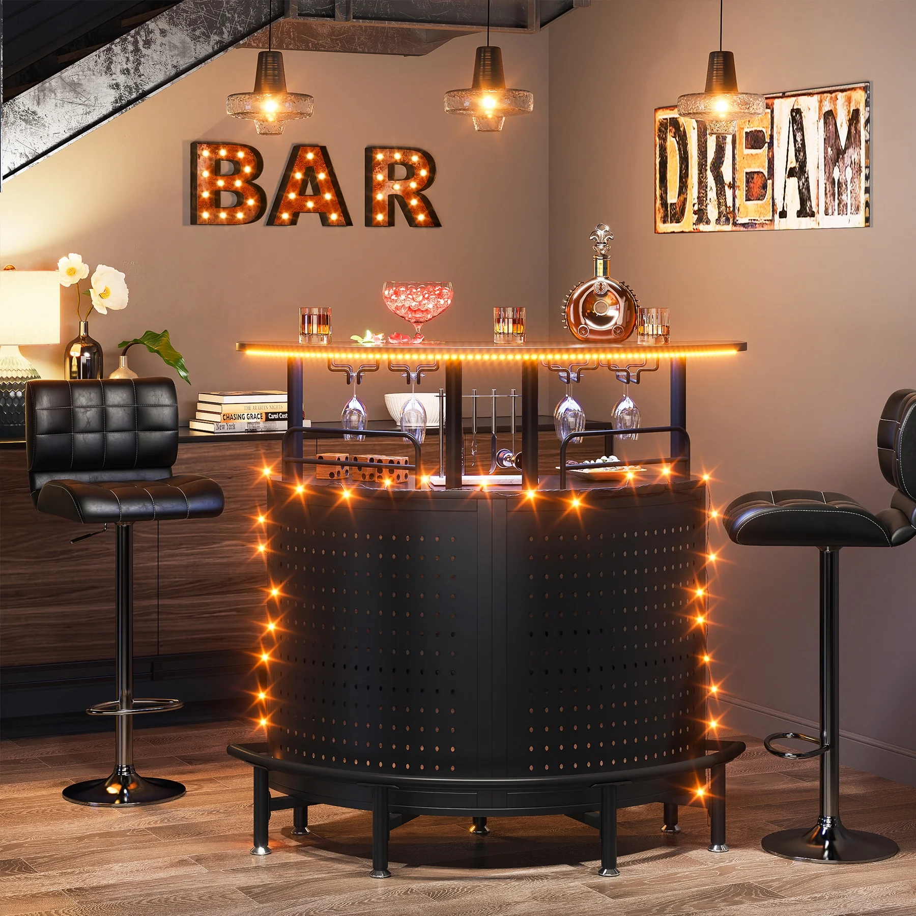 Tribesigns Smart Bar Unit with Led Lights 3-Tier Liquor Bar Table with Wine Glasses Holder and Storage Shelves Wine Bar