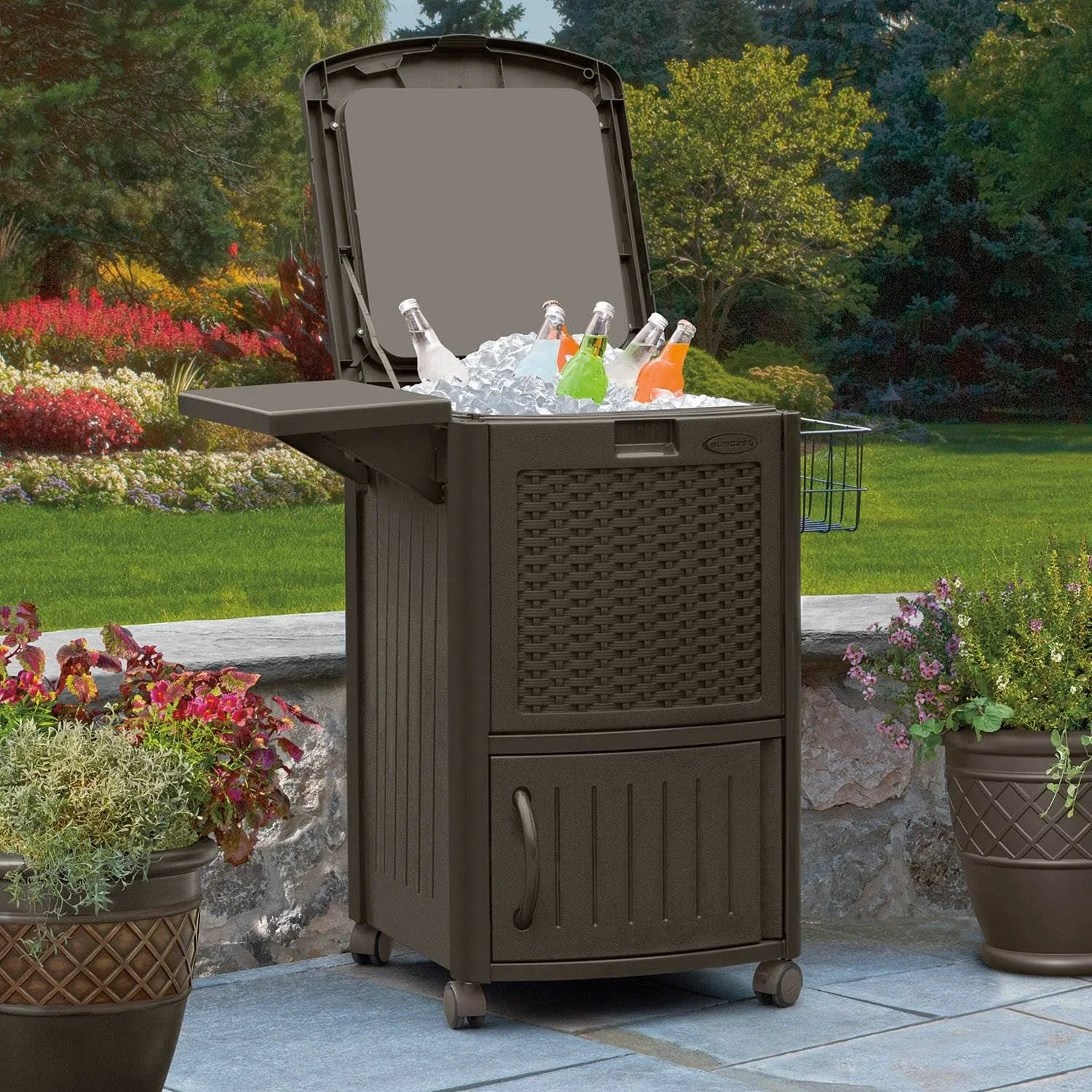 Suncast 77 Quart Resin Wicker Patio Cooler with Cabinet and Wire Basket, Java