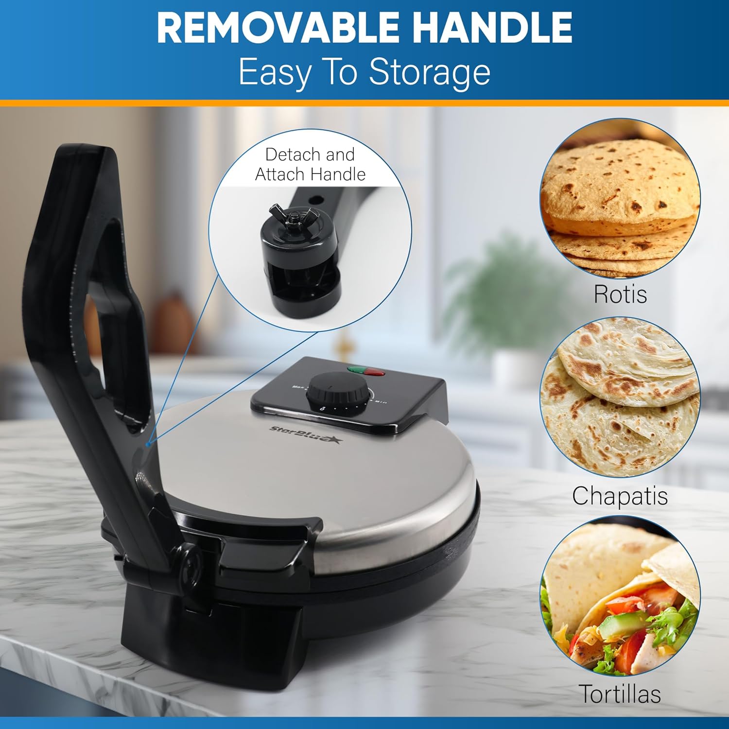 10inch Roti Maker by StarBlue with FREE Roti Warmer and Removable Handle