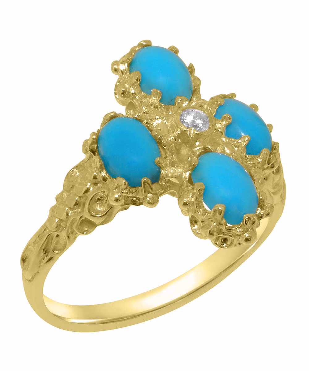 LBG British Made 9k Yellow Gold Natural Diamond & Turquoise Womens Anniversary Ring - 33 size options - Size 12