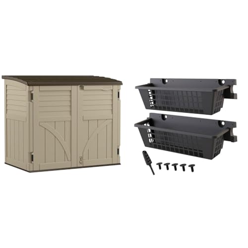 Suncast Horizontal Shed, Compact Outdoor Storage System, 34 Cu. Ft. Capacity, Sand & Slate - Lockable Multi-Wall Resin Organizer for Garbage Cans