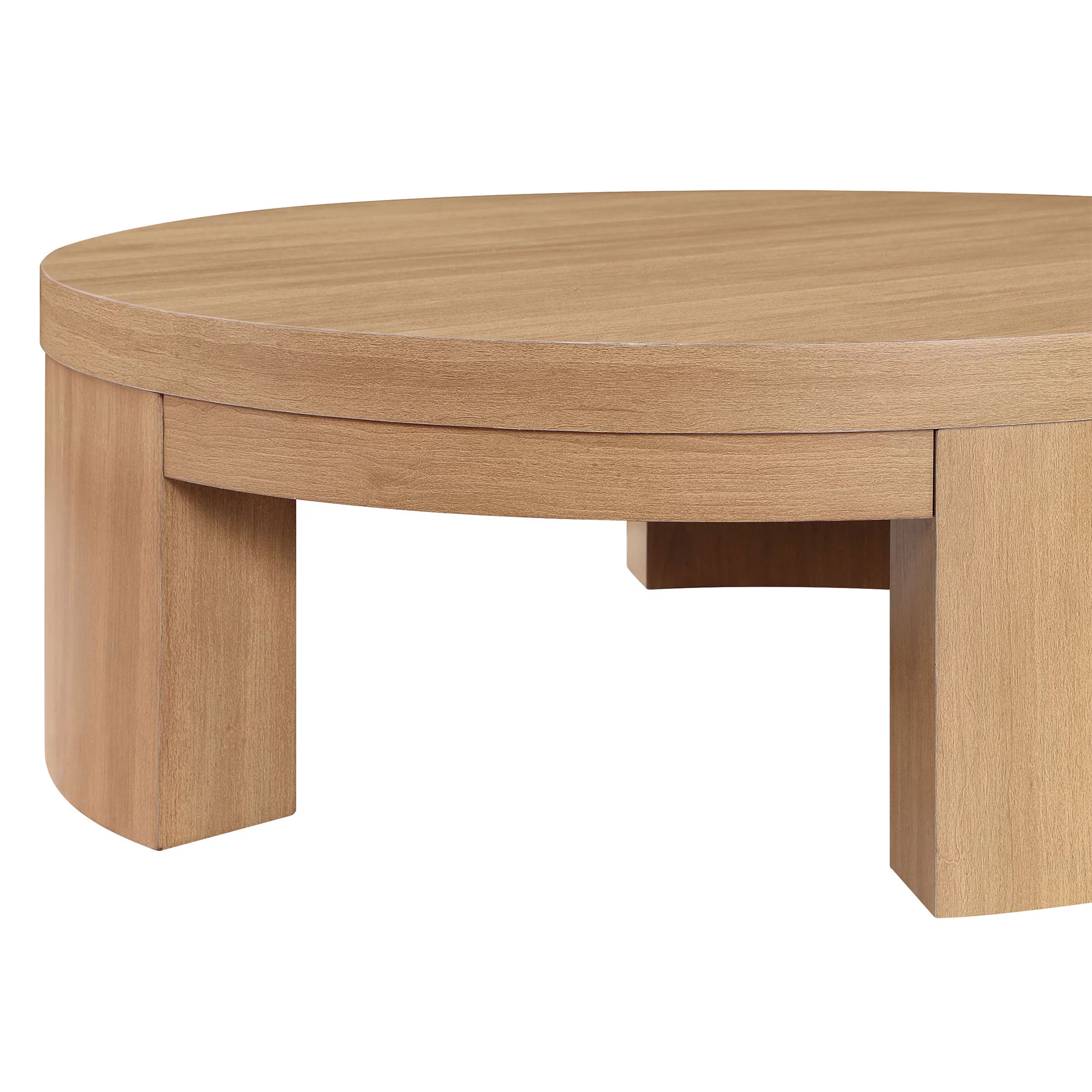 Beautiful Mod Round Coffee Table by Drew Barrymore, Warm Honey Finish - Radiant Selections