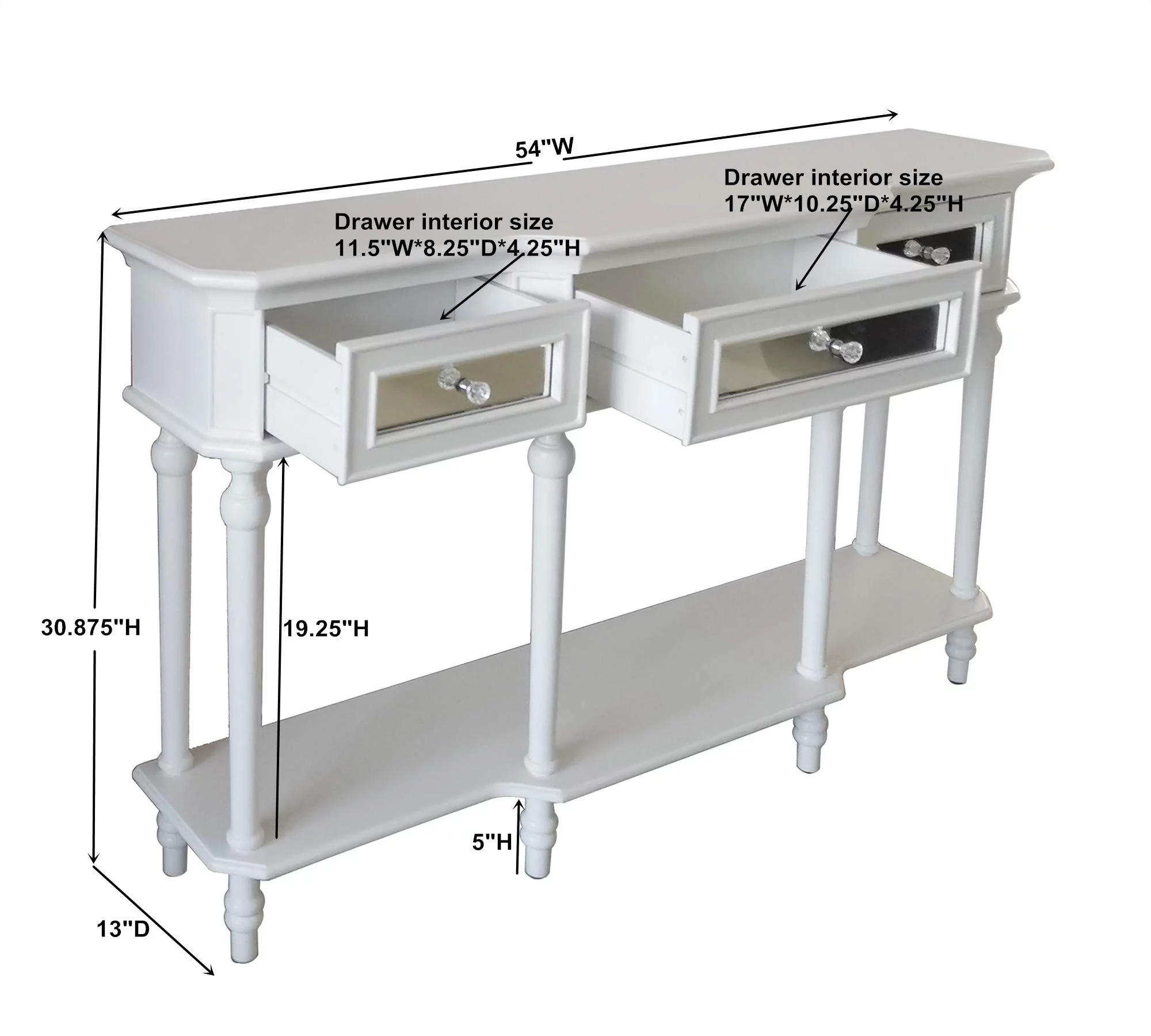 Kings Brand Furniture Modern Console Table with Mirrored Storage Drawers and Lower Shelf, White