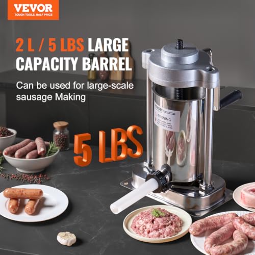 VEVOR Manual Sausage Stuffer, 7 L / 15 LBS Vertical Sausage Machine, Dual-Speed Meat Stuffer, Made of Food-Grade 304 Stainless Steel