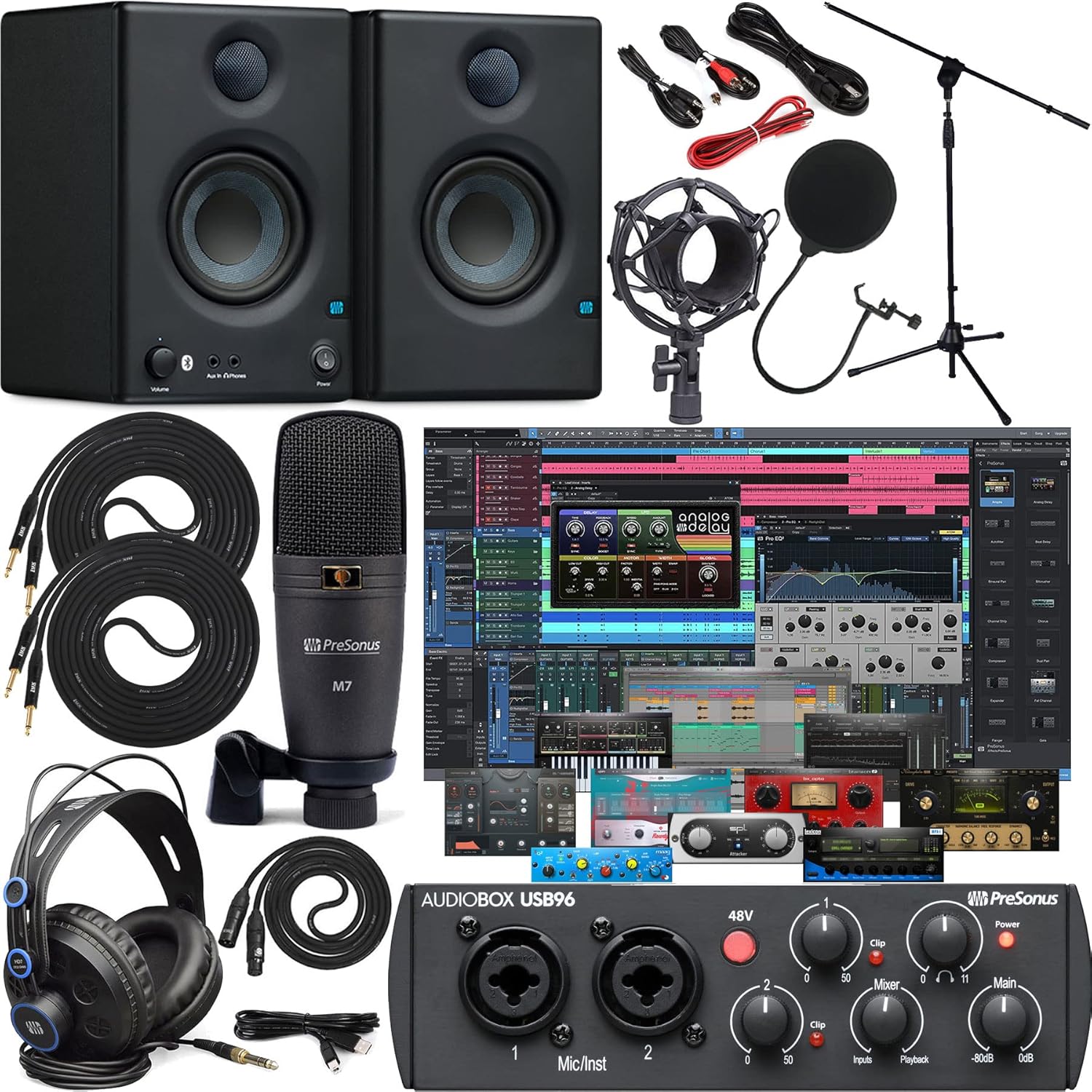 Presonus AudioBox 96 Studio Audio Interface with Creative Software Kit and Studio Bundle and Eris E4.5 BT Pair Studio Bluetooth Monitors with and 1/4