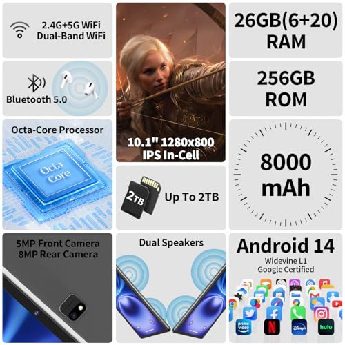 2025 Tablet, Android 14 Tablets 10 inch with Keyboard, 26GB RAM+256GB ROM(2TB Expand), 2-in-1 Tablets with 8-Core, 8000mAh, 5G WiFi, Widevine L1, GMS