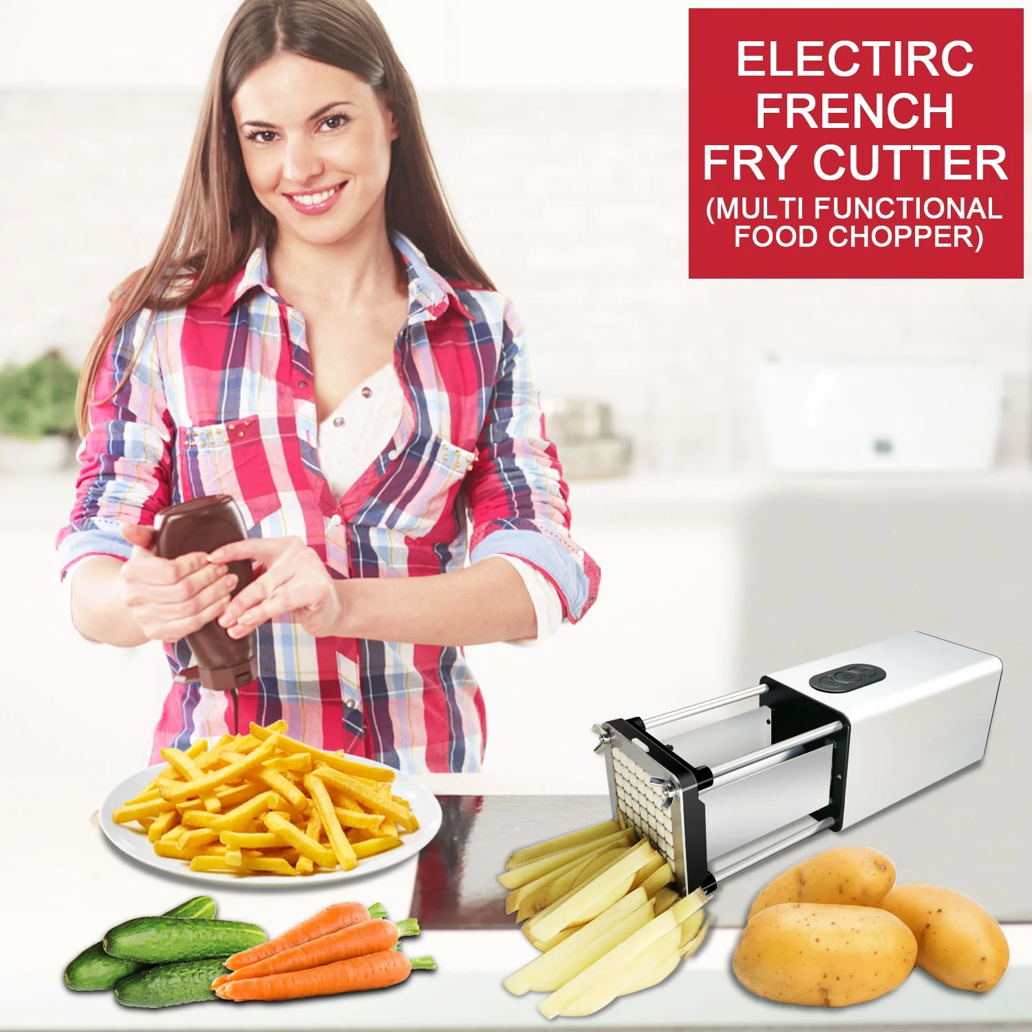 Fstcrt Electric French Fry Cutter, Professional potato slicer, French fry cutter stainless steel with 1/2-Inch & 3/8-Inch blade