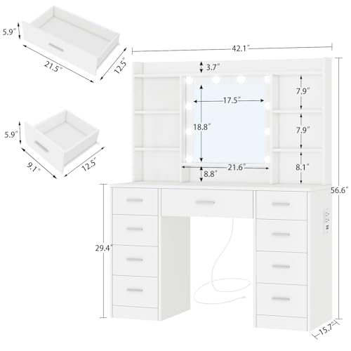 Vanity Desk with Mirror and Lights, Power Outlet, Makeup Vanity with 9 Drawers & 6 Open Storage Shelves, 3 Lighting Modes Brightness Adjustable, White