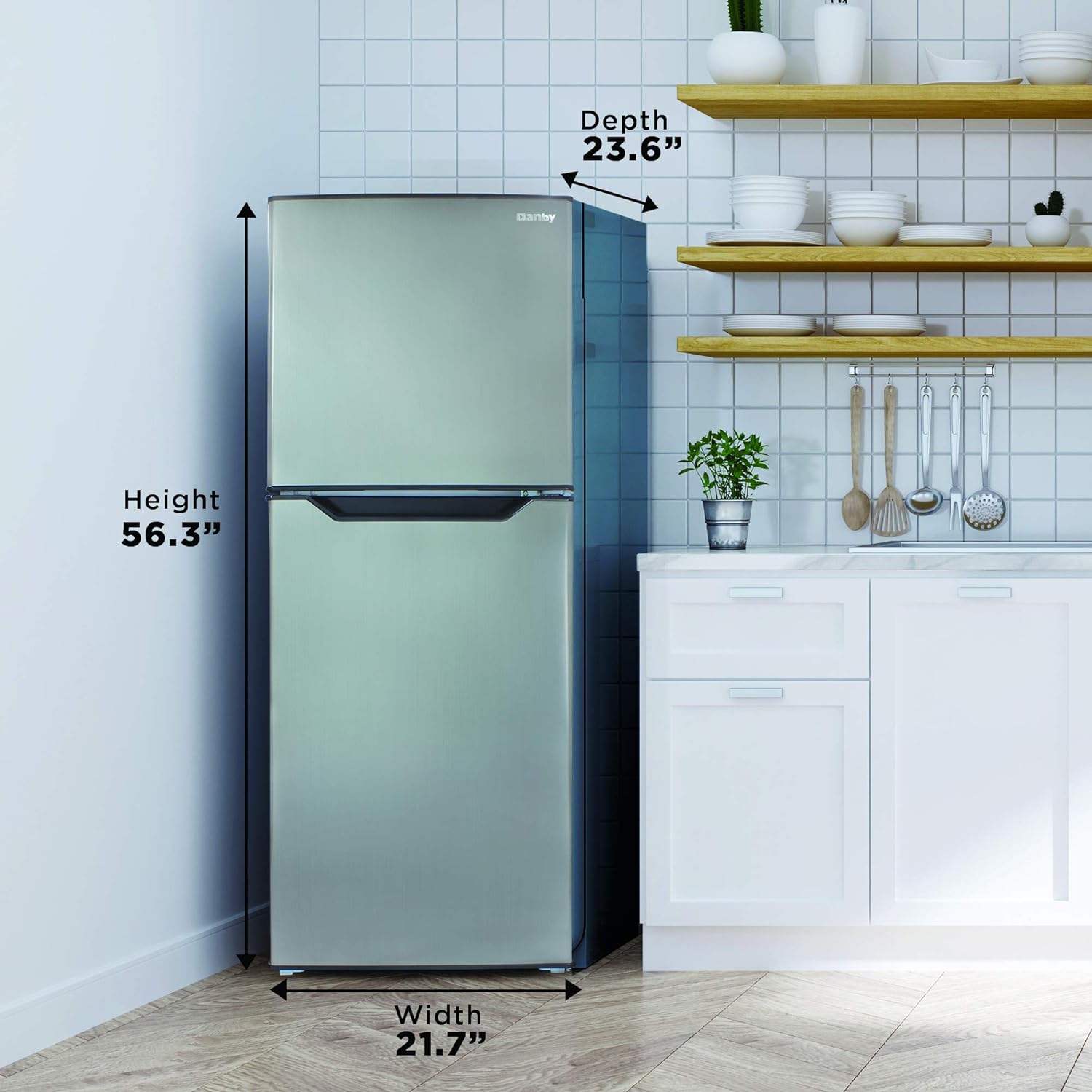 Danby DFF070B1BSLDB-6 7.0 Cu.Ft. Mid-Size Refrigerator, Frost-Free Apartment Fridge with Top Freezer, E-Star Rated, 7, Black Stainless Look