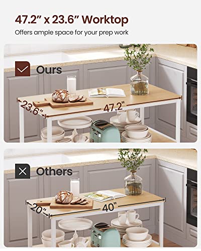 VASAGLE Kitchen Island with 3 Shelves, 47.2 Inches Width Kitchen Shelf with Large Worktop, Stable Steel Structure, Industrial, Easy to Assemble