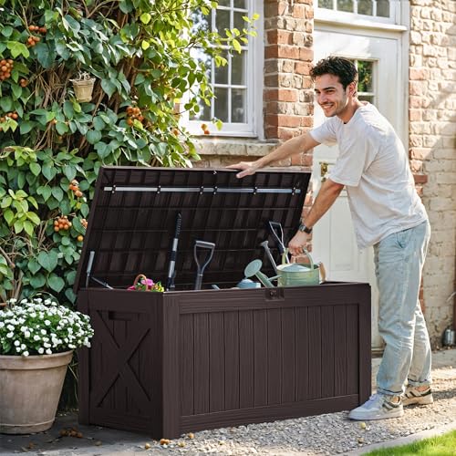 Greesum 120 Gallon Resin Deck Box Large Outdoor Storage for Patio Pillow, Garden Tools, Pool Supplies, Weatherproof, Lockable, Brown