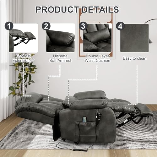 EDILLY Large Genuine Leather Power Lift Recliner Chairs for Elderly, Dual Motor with Massage and Heating,Double Lumbar Cushion and Extended Footrest